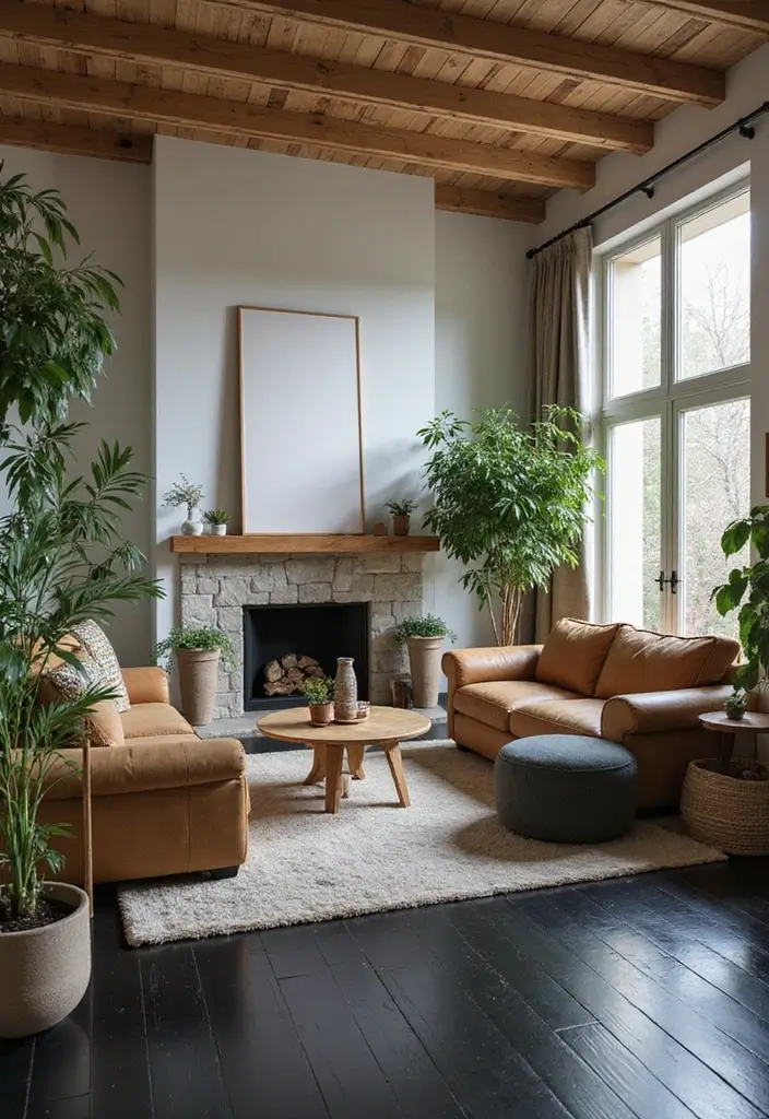 29 Black Wood Floors Living Room Ideas That Feel Bold and Luxe - 7. Bring in Natural Elements