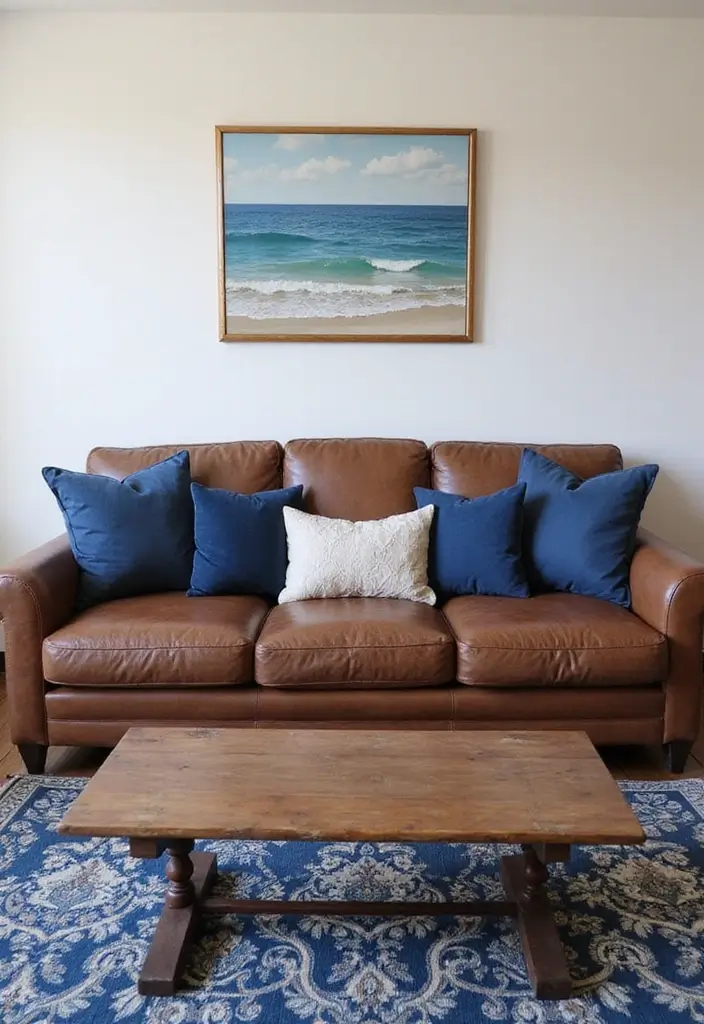 29 Brown and Navy Living Room Ideas That Feel Sophisticated and Calm - 1. Rustic Brown Leather Sofa with Navy Pillows