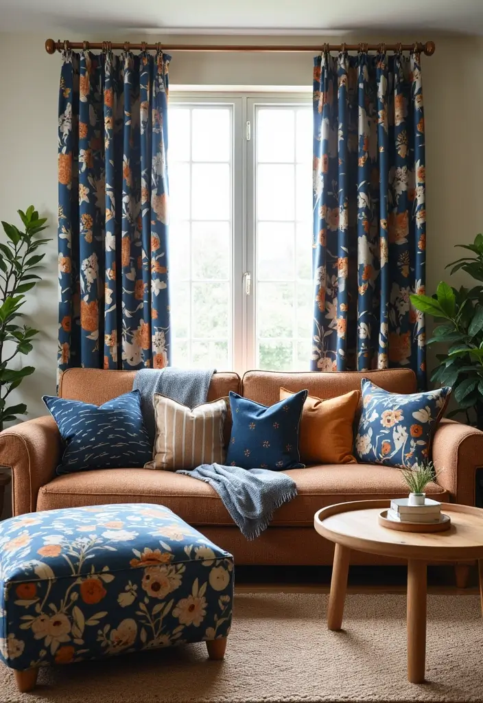 29 Brown and Navy Living Room Ideas That Feel Sophisticated and Calm - 11. Playful Patterns with Navy and Brown