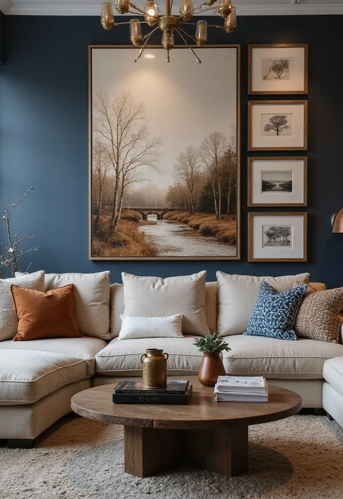 29 Brown and Navy Living Room Ideas That Feel Sophisticated and Calm - 12. Elegant Wall Art Combinations