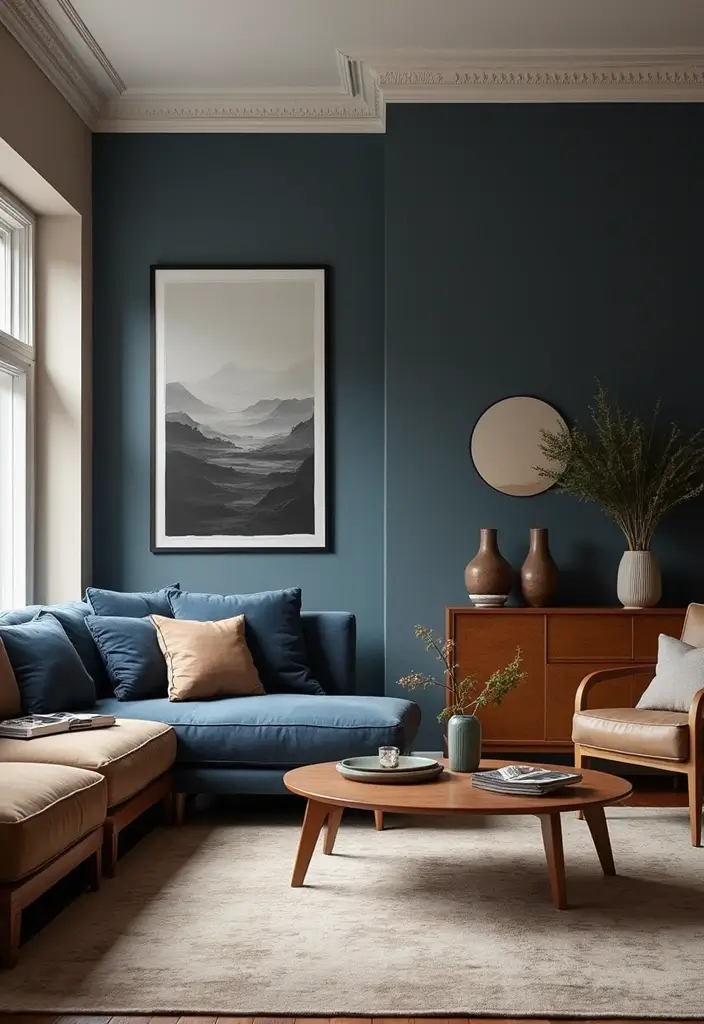 29 Brown and Navy Living Room Ideas That Feel Sophisticated and Calm - 14. Mixing Modern with Classic Furniture