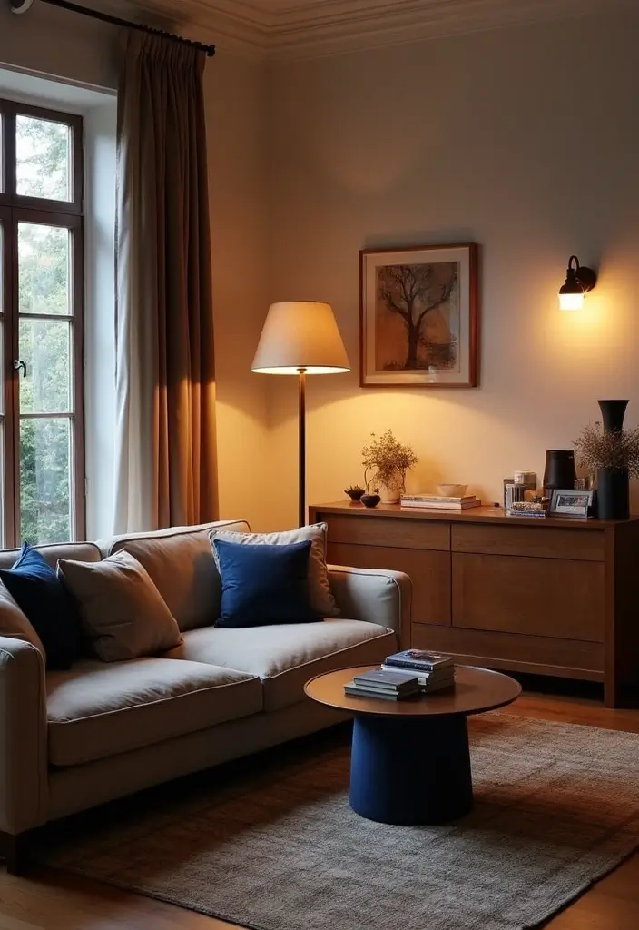 29 Brown and Navy Living Room Ideas That Feel Sophisticated and Calm - 15. Creative Lighting Solutions