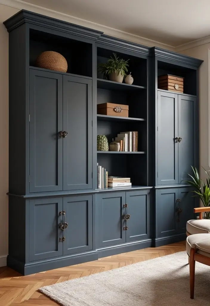 29 Brown and Navy Living Room Ideas That Feel Sophisticated and Calm - 16. Functional Storage in Navy and Brown