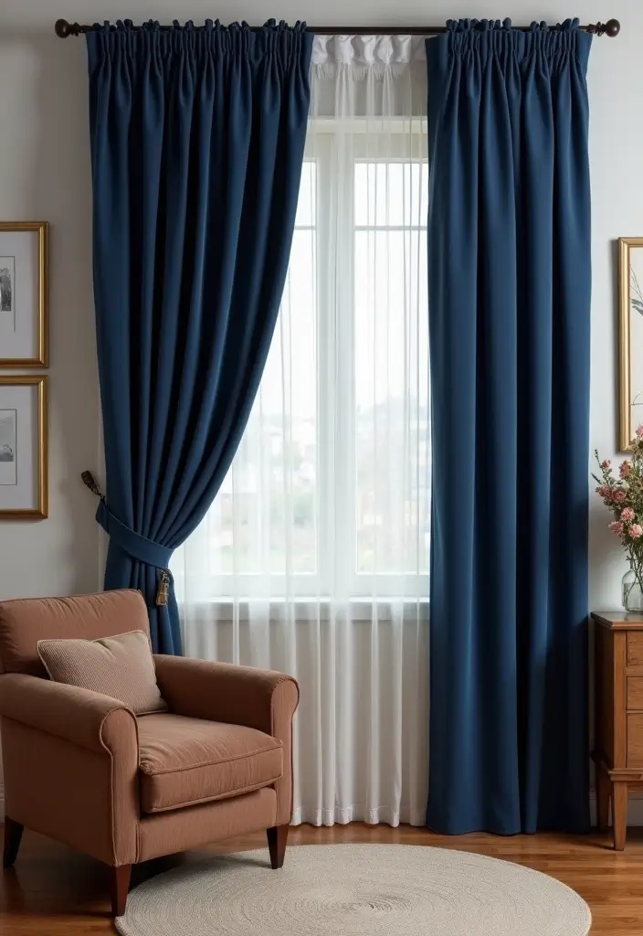 29 Brown and Navy Living Room Ideas That Feel Sophisticated and Calm - 19. Elegant Curtains in Brown and Navy