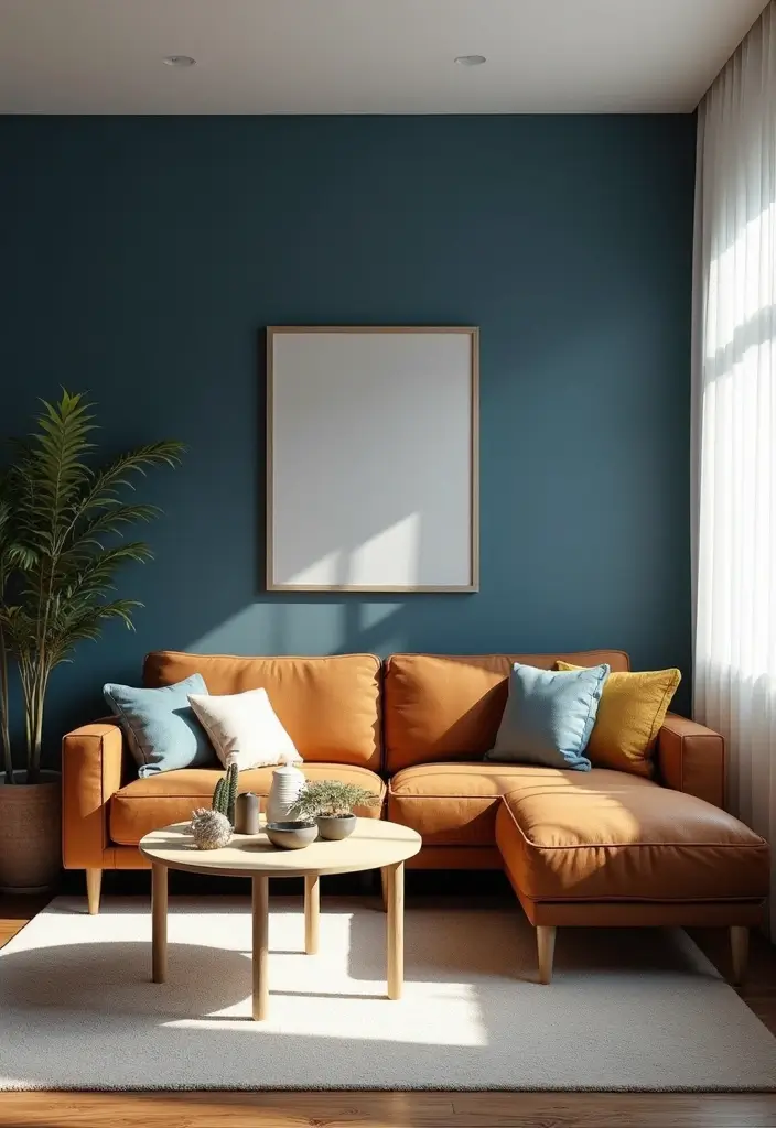 29 Brown and Navy Living Room Ideas That Feel Sophisticated and Calm - 2. Navy Accent Wall with Brown Furniture