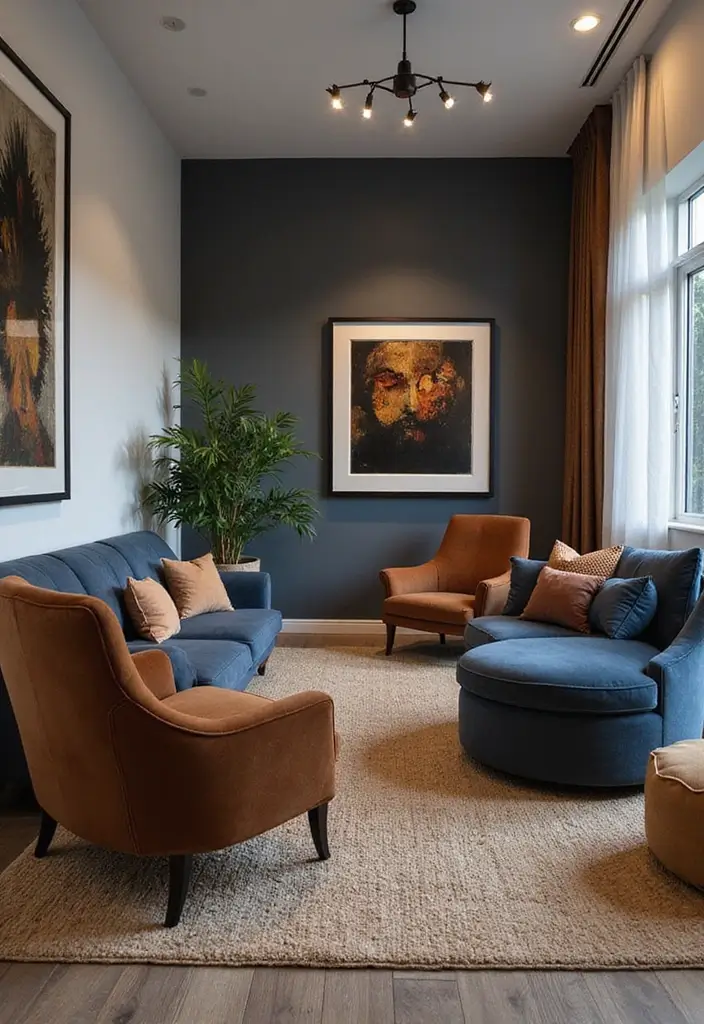 29 Brown and Navy Living Room Ideas That Feel Sophisticated and Calm - 20. Comfort-Driven Seating Options