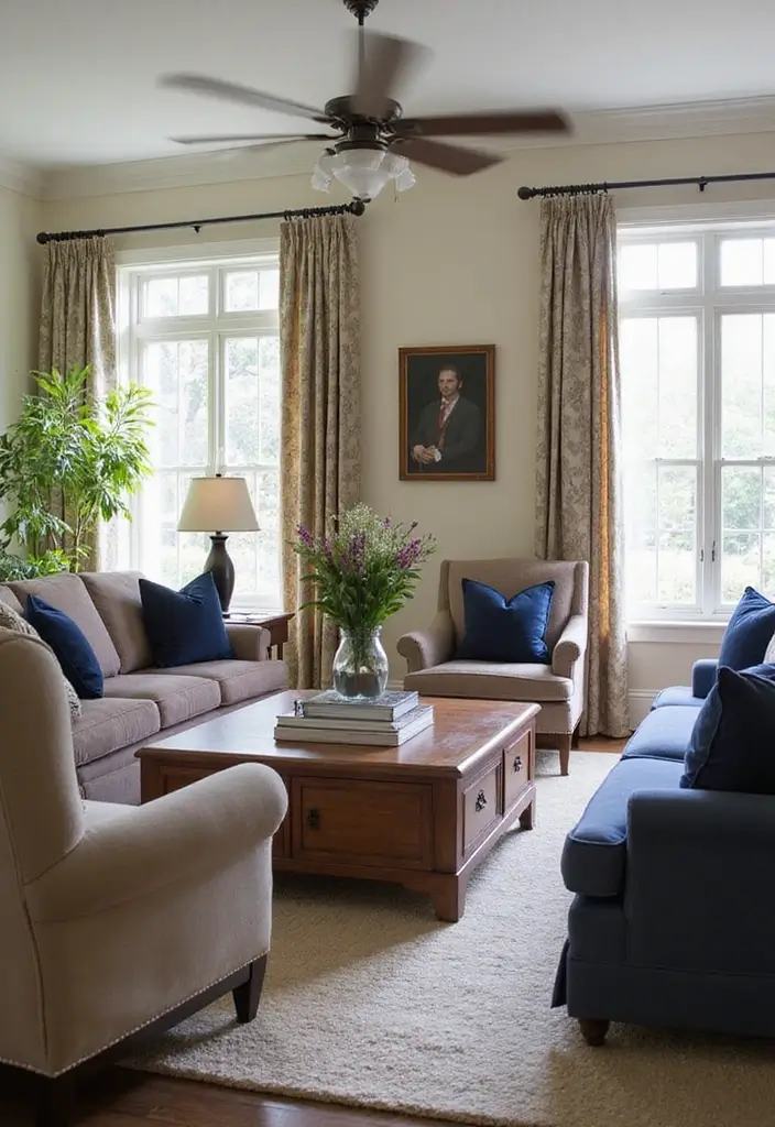 29 Brown and Navy Living Room Ideas That Feel Sophisticated and Calm - 23. Transitional Styles with Brown and Navy
