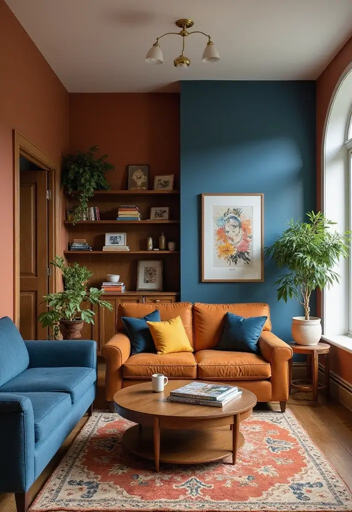 29 Brown and Navy Living Room Ideas That Feel Sophisticated and Calm - 24. Creative Use of Color Blocking