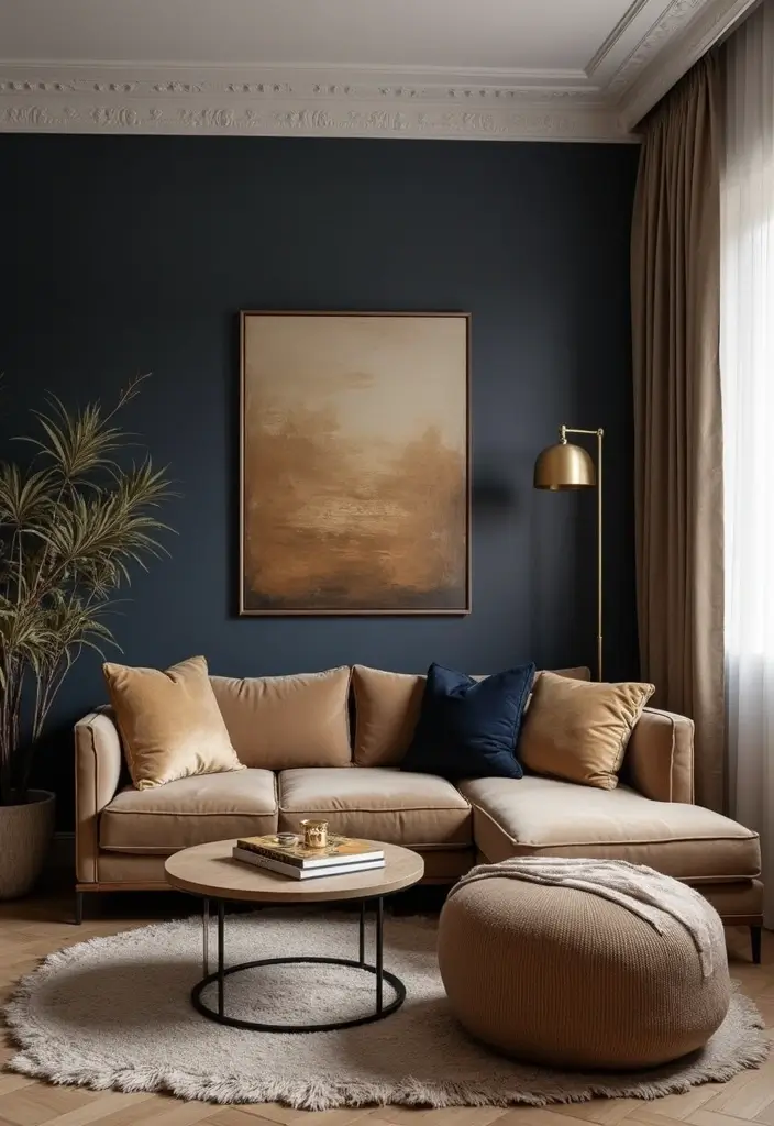 29 Brown and Navy Living Room Ideas That Feel Sophisticated and Calm - 26. Subtle Touches of Gold