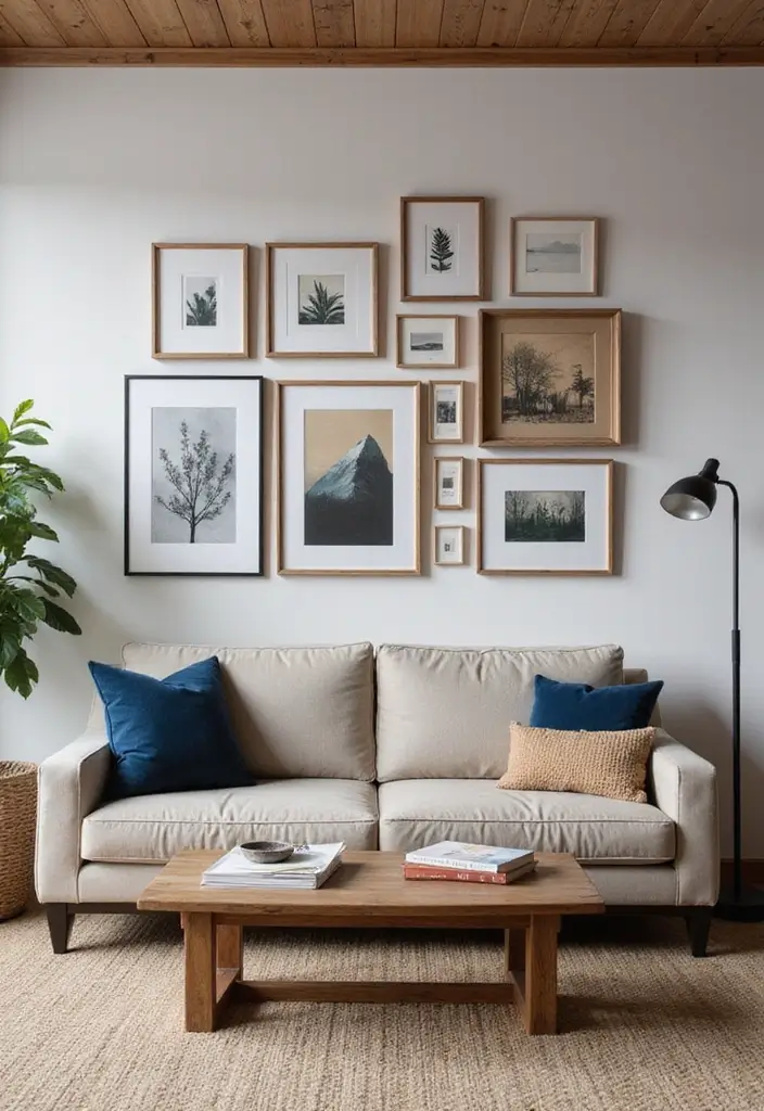 29 Brown and Navy Living Room Ideas That Feel Sophisticated and Calm - 28. Artistic Frameworks with Brown and Navy