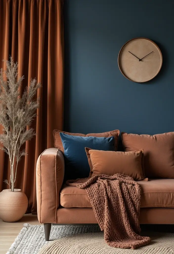 29 Brown and Navy Living Room Ideas That Feel Sophisticated and Calm - 3. Layered Textures with Navy and Brown