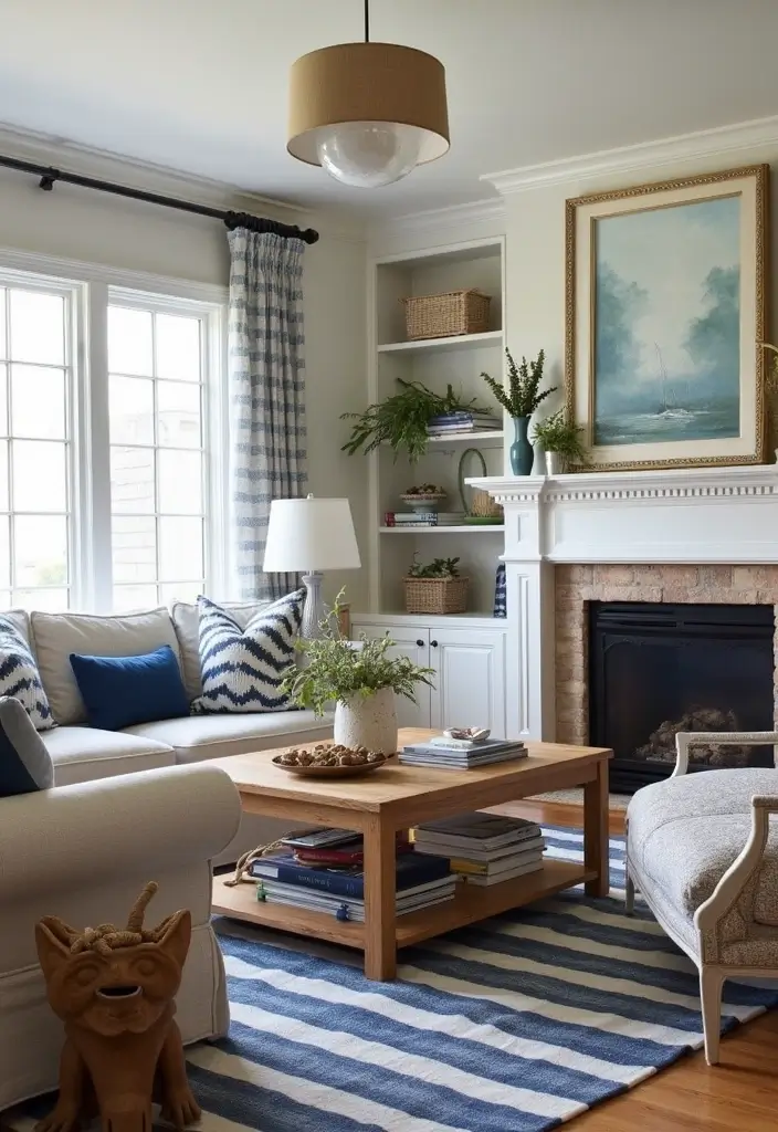 29 Brown and Navy Living Room Ideas That Feel Sophisticated and Calm - 4. Coastal Nautical Themes with Brown and Navy