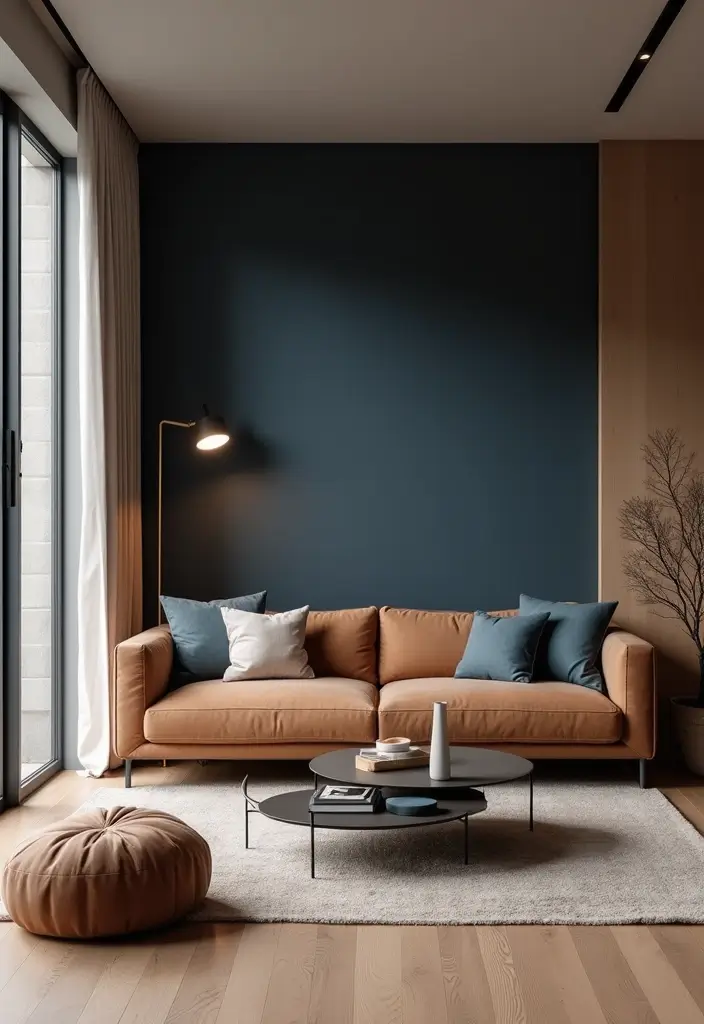 29 Brown and Navy Living Room Ideas That Feel Sophisticated and Calm - 5. Modern Minimalist with Brown and Navy