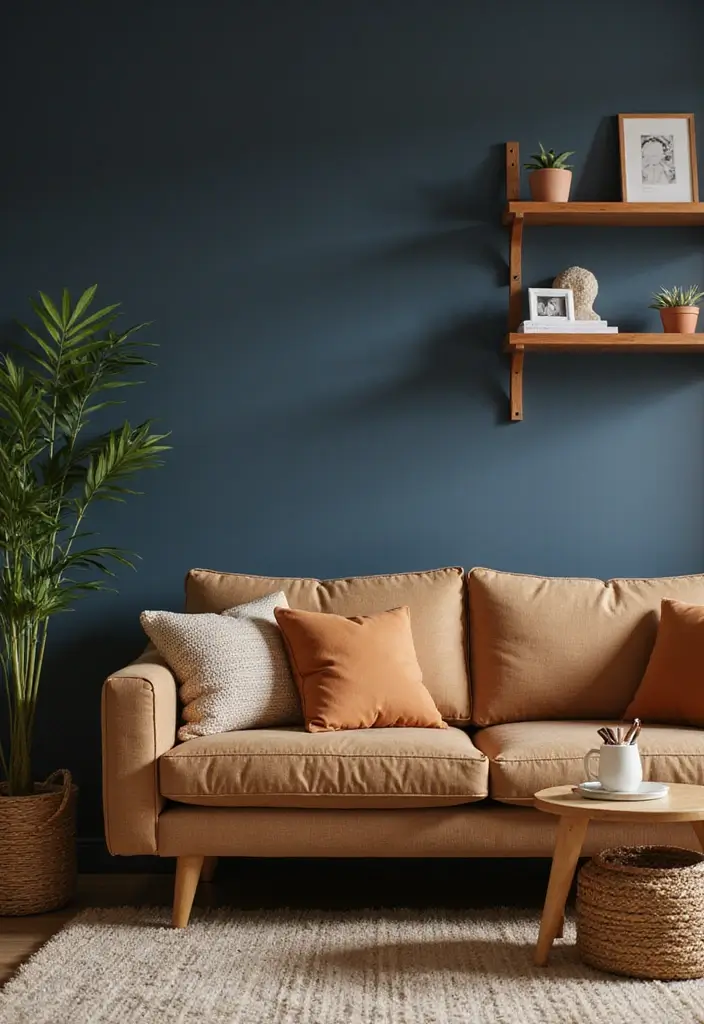 29 Brown and Navy Living Room Ideas That Feel Sophisticated and Calm - 7. Warm Brown Wood Details Against Navy