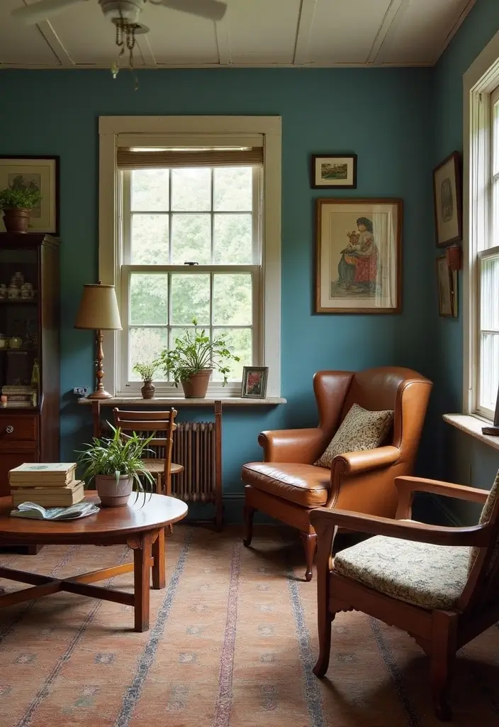 29 Brown and Navy Living Room Ideas That Feel Sophisticated and Calm - 8. Vintage Finds in Brown and Navy