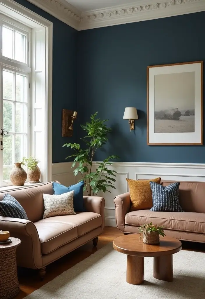 29 Brown and Navy Living Room Ideas That Feel Sophisticated and Calm - 9. Brighten Up with White Accents