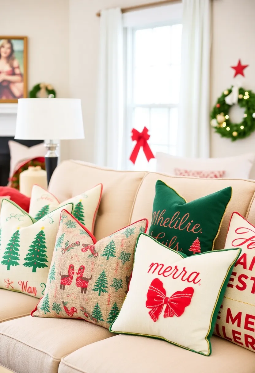 29 Christmas Decoration Living Room Ideas That Feel Cozy and Magical - 14. Use Holiday-Themed Pillows