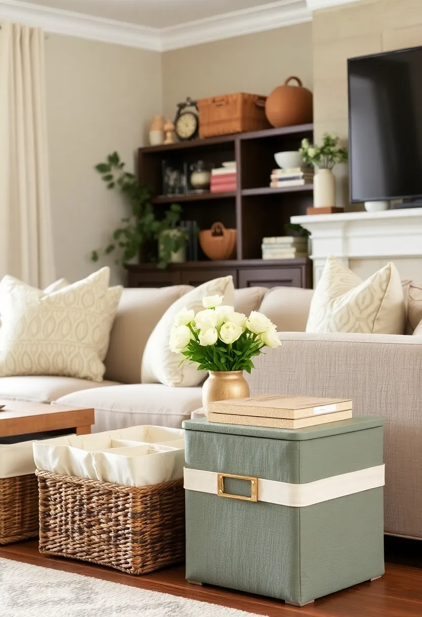 29 Christmas Decoration Living Room Ideas That Feel Cozy and Magical - 25. Utilize Decorative Storage