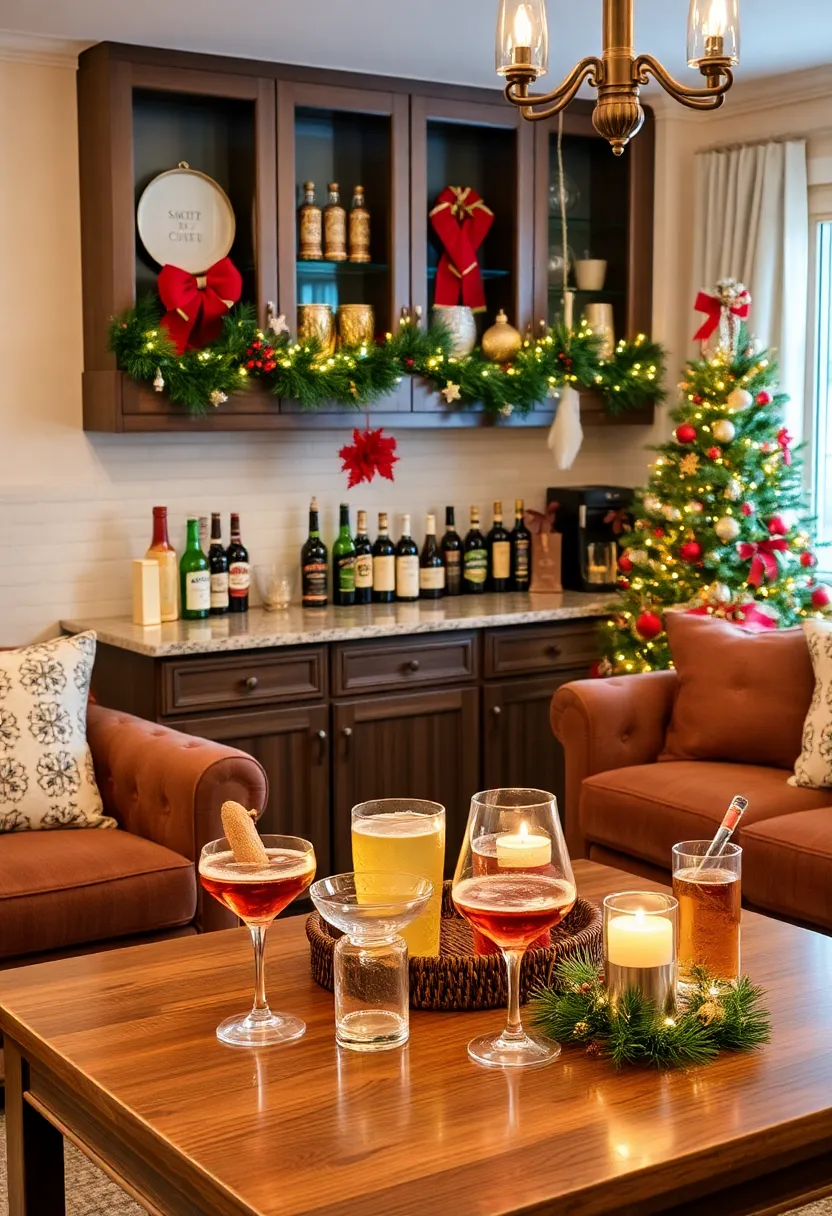 29 Christmas Decoration Living Room Ideas That Feel Cozy and Magical - 28. Create a Festive Home Bar