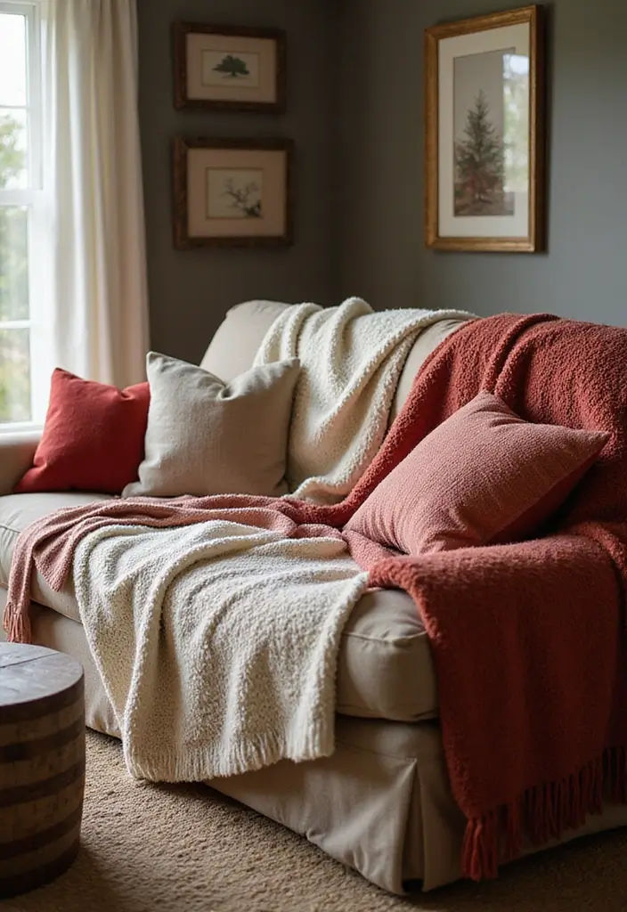 29 Christmas Decoration Living Room Ideas That Feel Cozy and Magical - 3. Layer Textures with Throws and Pillows