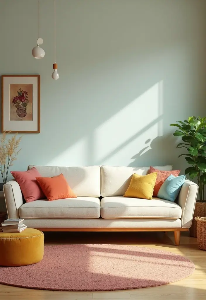 29 Light Couches Living Room Ideas That Feel Airy and Modern - 13. Retro Vibes with a Modern Twist