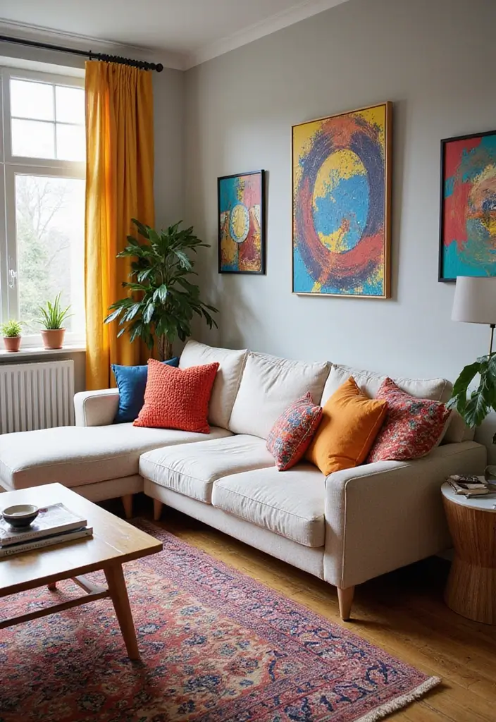 29 Light Couches Living Room Ideas That Feel Airy and Modern - 17. Light Couches with Bold Accents