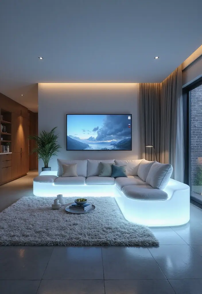 29 Light Couches Living Room Ideas That Feel Airy and Modern - 28. Futuristic Light Couches with Tech Integration
