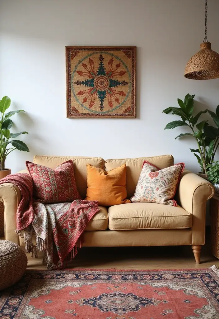 29 Light Couches Living Room Ideas That Feel Airy and Modern - 4. Bohemian Light Layers