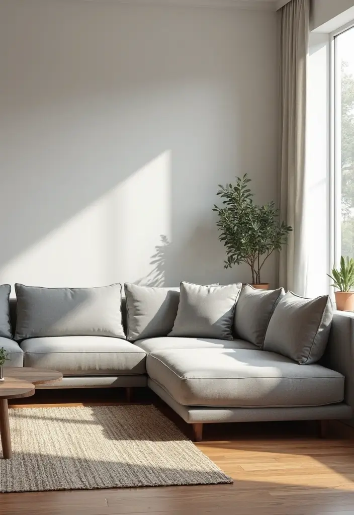 29 Living Room With Grey Sectional Ideas That Look Balanced and Cozy - 1. Minimalist Elegance with Soft Textures