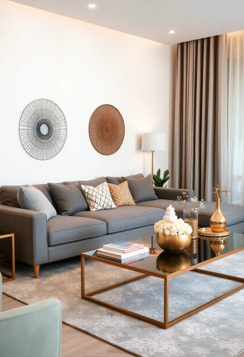 29 Living Room With Grey Sectional Ideas That Look Balanced and Cozy - 12. Warm Metallic Accents