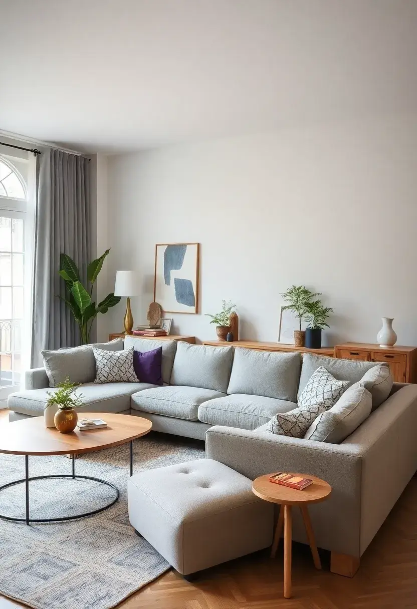 29 Living Room With Grey Sectional Ideas That Look Balanced and Cozy - 13. Nostalgic Vintage Touches