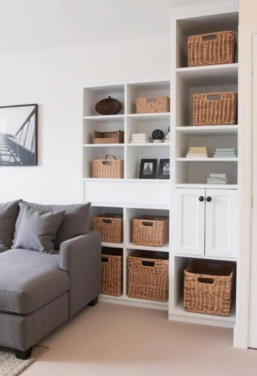 29 Living Room With Grey Sectional Ideas That Look Balanced and Cozy - 14. Stylish Storage Solutions