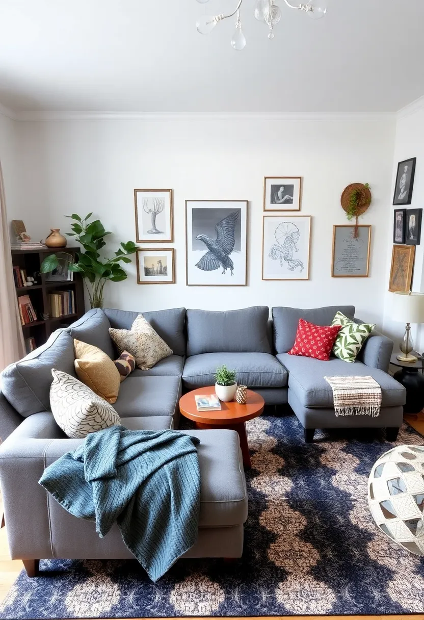 29 Living Room With Grey Sectional Ideas That Look Balanced and Cozy - 19. Combining Styles for Eclectic Charm