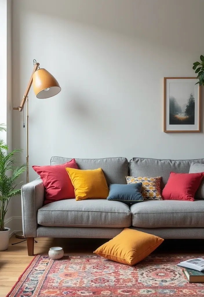 29 Living Room With Grey Sectional Ideas That Look Balanced and Cozy - 2. Pop of Color with Accent Pillows