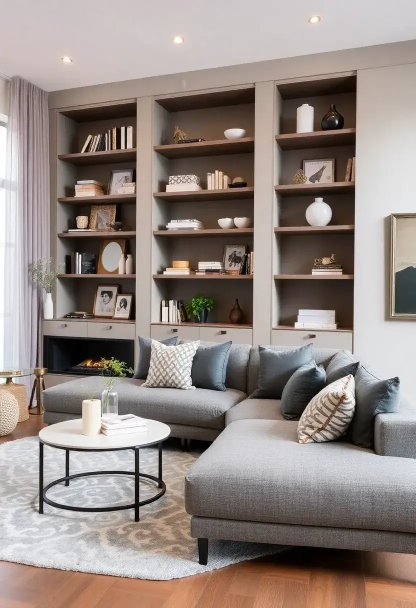 29 Living Room With Grey Sectional Ideas That Look Balanced and Cozy - 21. Elegant Display with Open Shelving