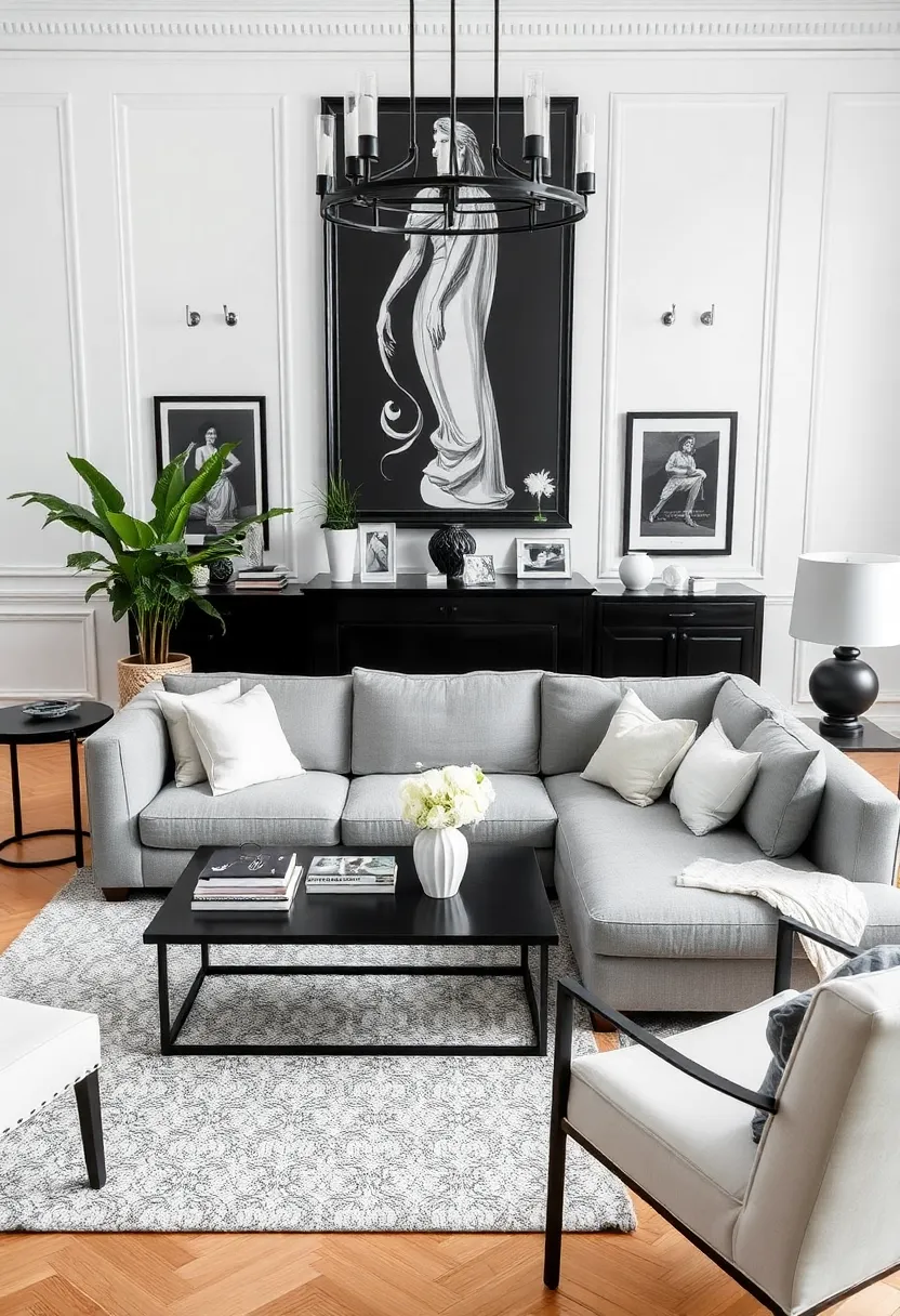 29 Living Room With Grey Sectional Ideas That Look Balanced and Cozy - 23. Classic Black and White Contrast