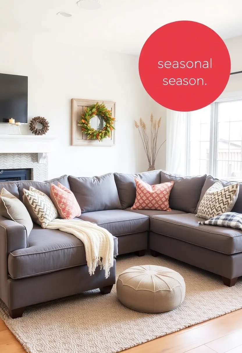 29 Living Room With Grey Sectional Ideas That Look Balanced and Cozy - 25. Seasonal Decor Changes