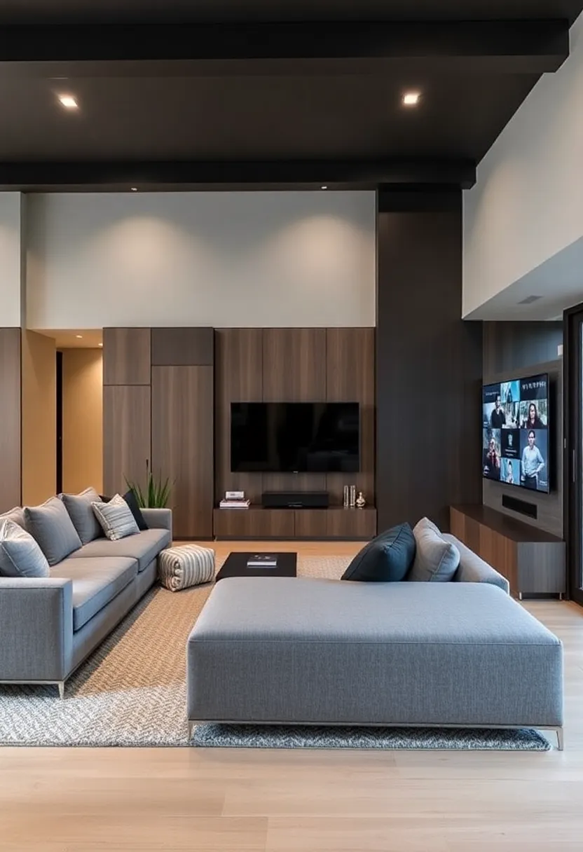 29 Living Room With Grey Sectional Ideas That Look Balanced and Cozy - 28. Integrating Technology Seamlessly