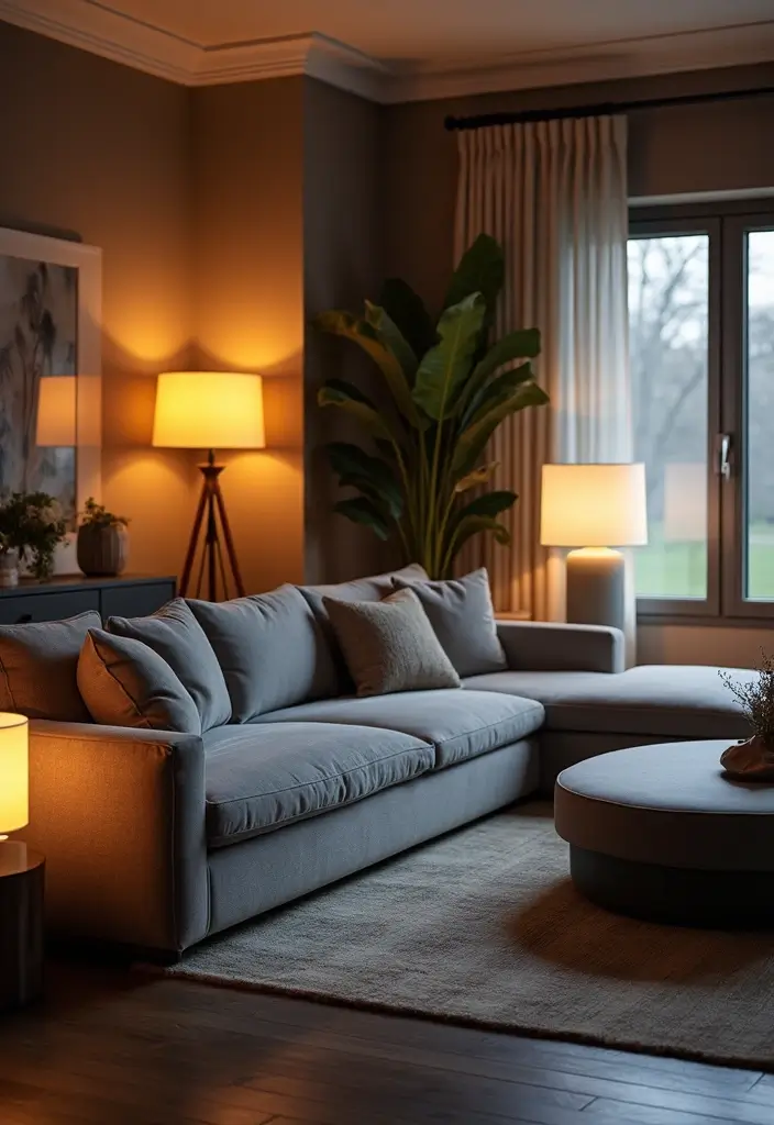 29 Living Room With Grey Sectional Ideas That Look Balanced and Cozy - 3. Layered Lighting for Ambiance