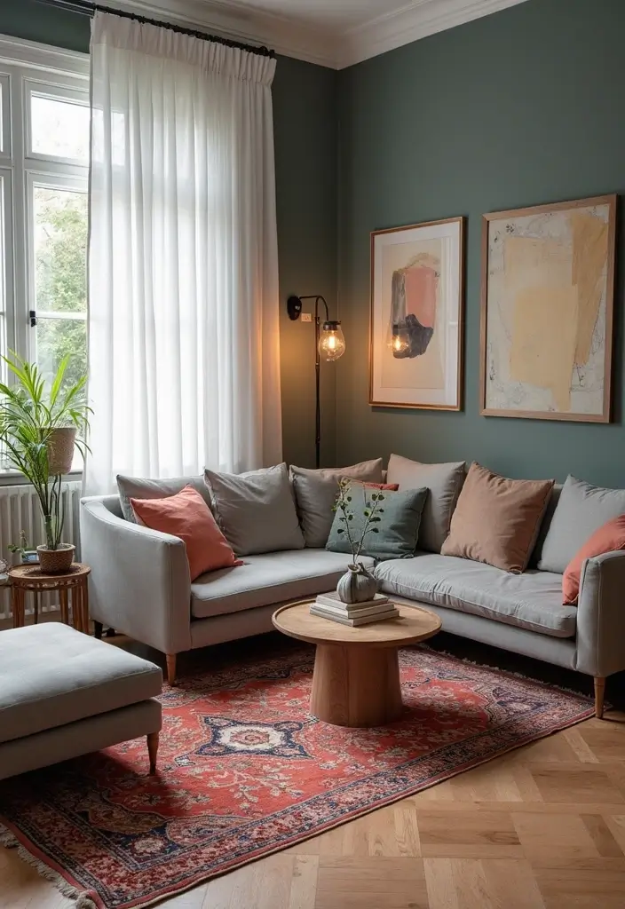 29 Living Room With Grey Sectional Ideas That Look Balanced and Cozy - 4. Playful Patterns with Area Rugs