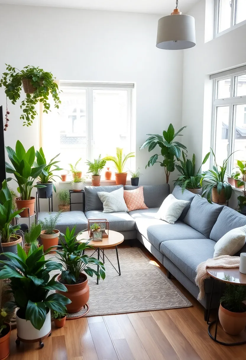 29 Living Room With Grey Sectional Ideas That Look Balanced and Cozy - 5. Integrating Nature with Plants