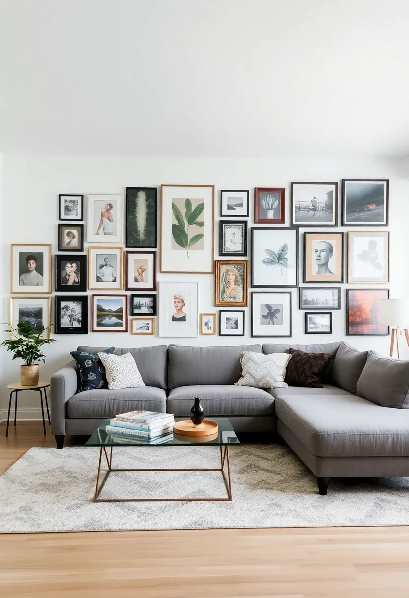 29 Living Room With Grey Sectional Ideas That Look Balanced and Cozy - 6. Artful Wall Decor