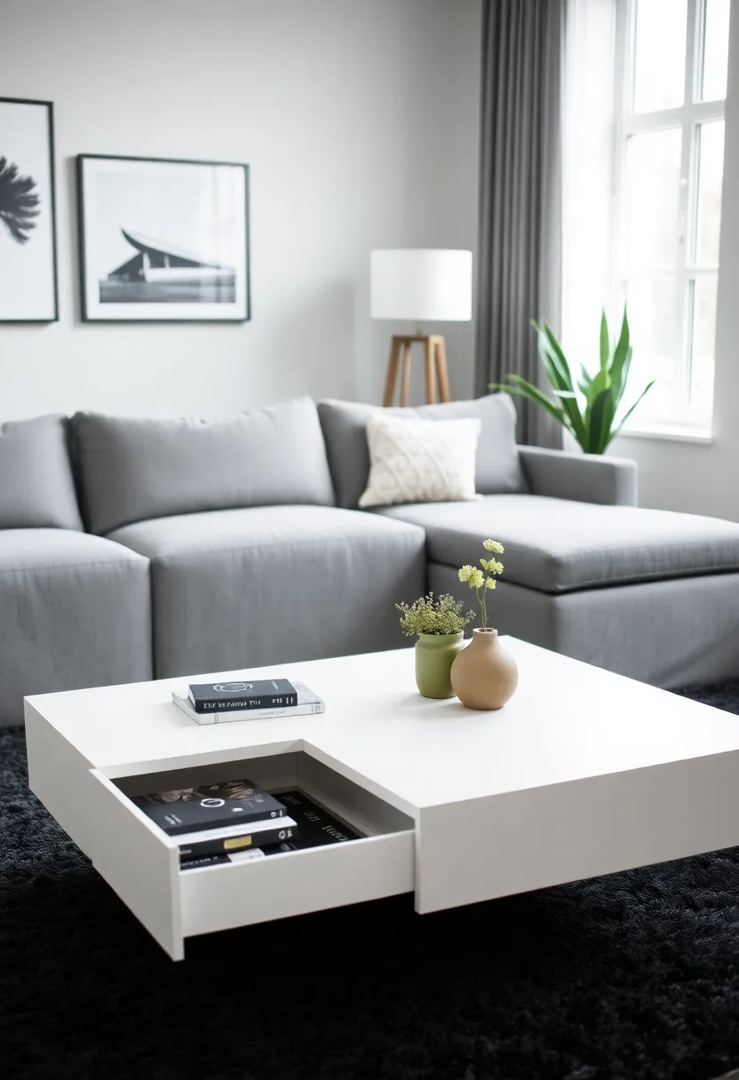 29 Living Room With Grey Sectional Ideas That Look Balanced and Cozy - 7. Multifunctional Coffee Tables