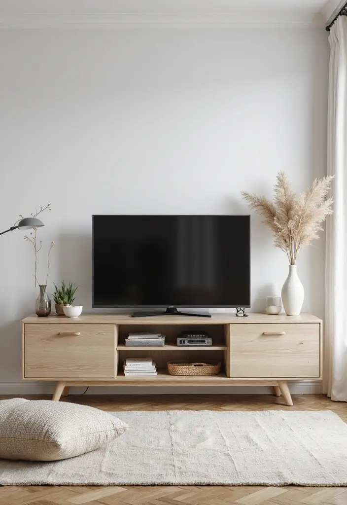 29 Living Room With TV Stand Ideas That Look Clean and Organized - 10. Scandinavian-Inspired TV Stand