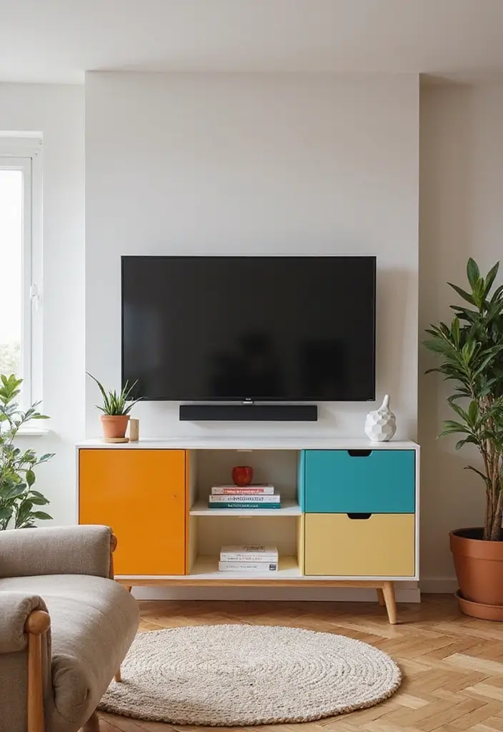 29 Living Room With TV Stand Ideas That Look Clean and Organized - 11. Color-Blocked TV Stand