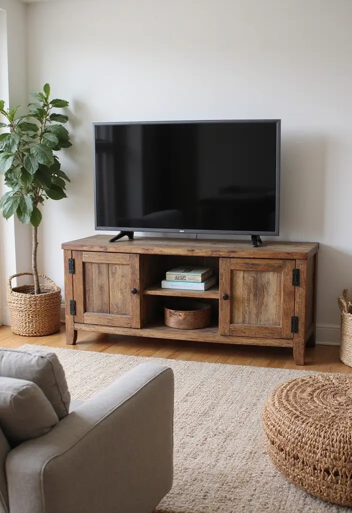 29 Living Room With TV Stand Ideas That Look Clean and Organized - 12. Rustic Chic TV Stands