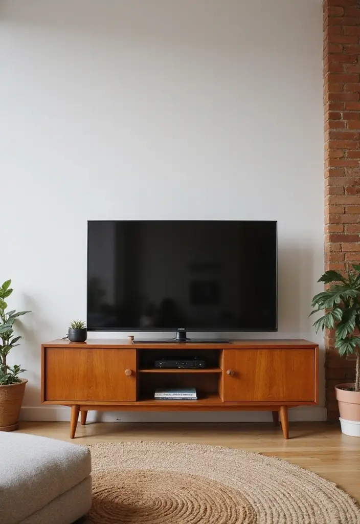29 Living Room With TV Stand Ideas That Look Clean and Organized - 16. Vintage-Inspired TV Stand