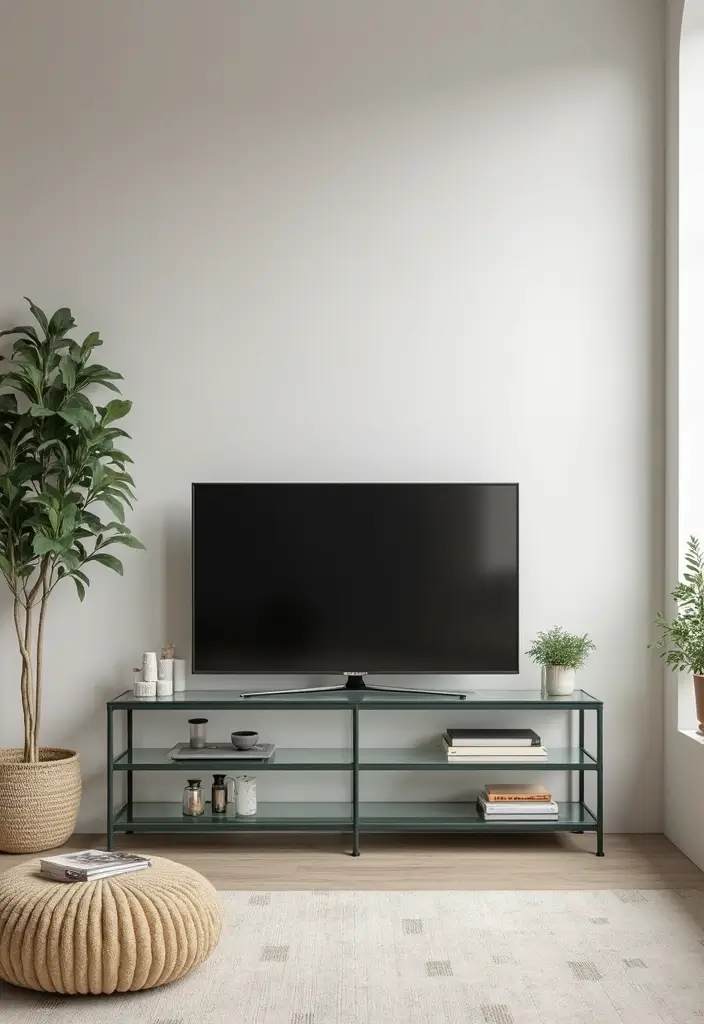 29 Living Room With TV Stand Ideas That Look Clean and Organized - 19. Elegant Glass TV Stand