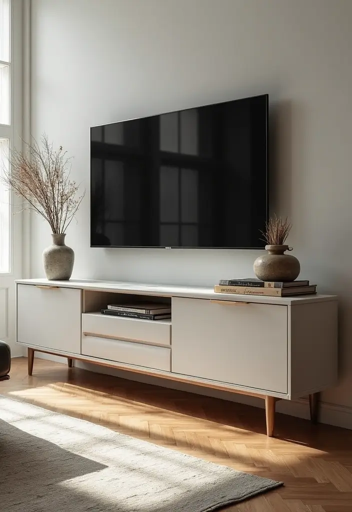 29 Living Room With TV Stand Ideas That Look Clean and Organized - 2. Minimalist Media Console