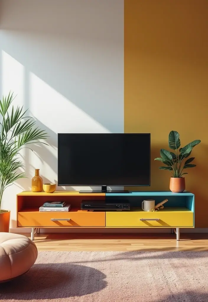 29 Living Room With TV Stand Ideas That Look Clean and Organized - 20. Colorful Accent TV Stand